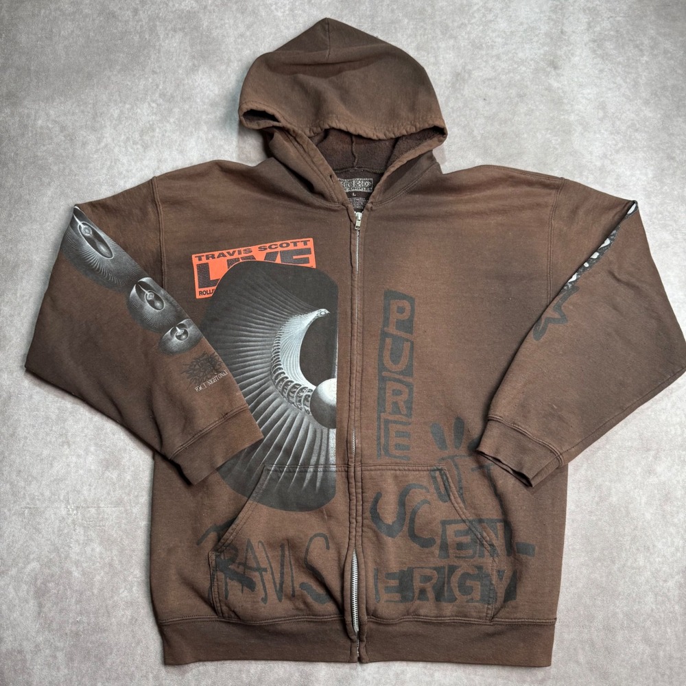 Travis Scott Rolling Loud Los Angeles Utopia Brown Graphic Zip Up Hoodie Mens L